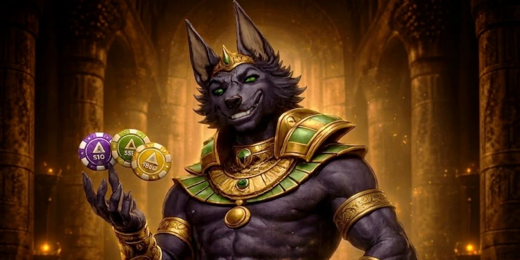 Anubis Gambler Art: Egyptian God with Casino Chips in Golden Temple