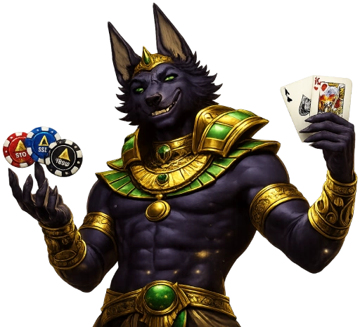Anubis jackal holding poker chips and playing cards, Egyptian casino character, isolated on transparent background